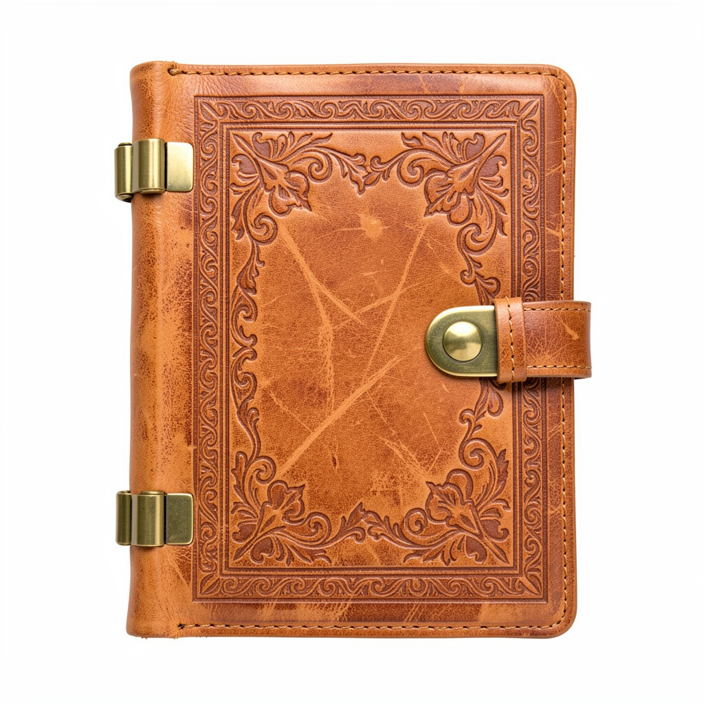 Handbound leather journal with brass hardware and embossed cover